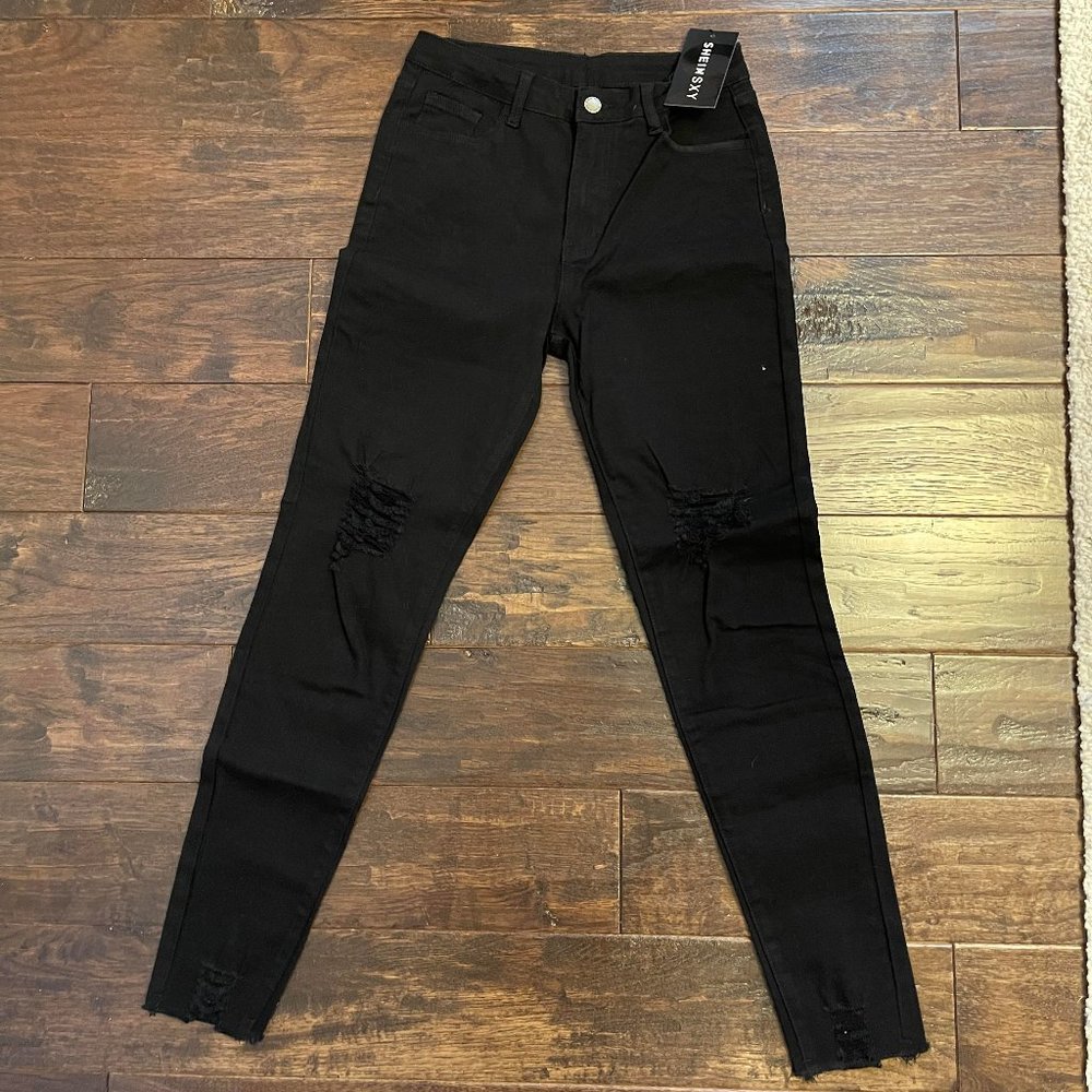 New - Shein Black Distressed Skinny Jeans - Size 27